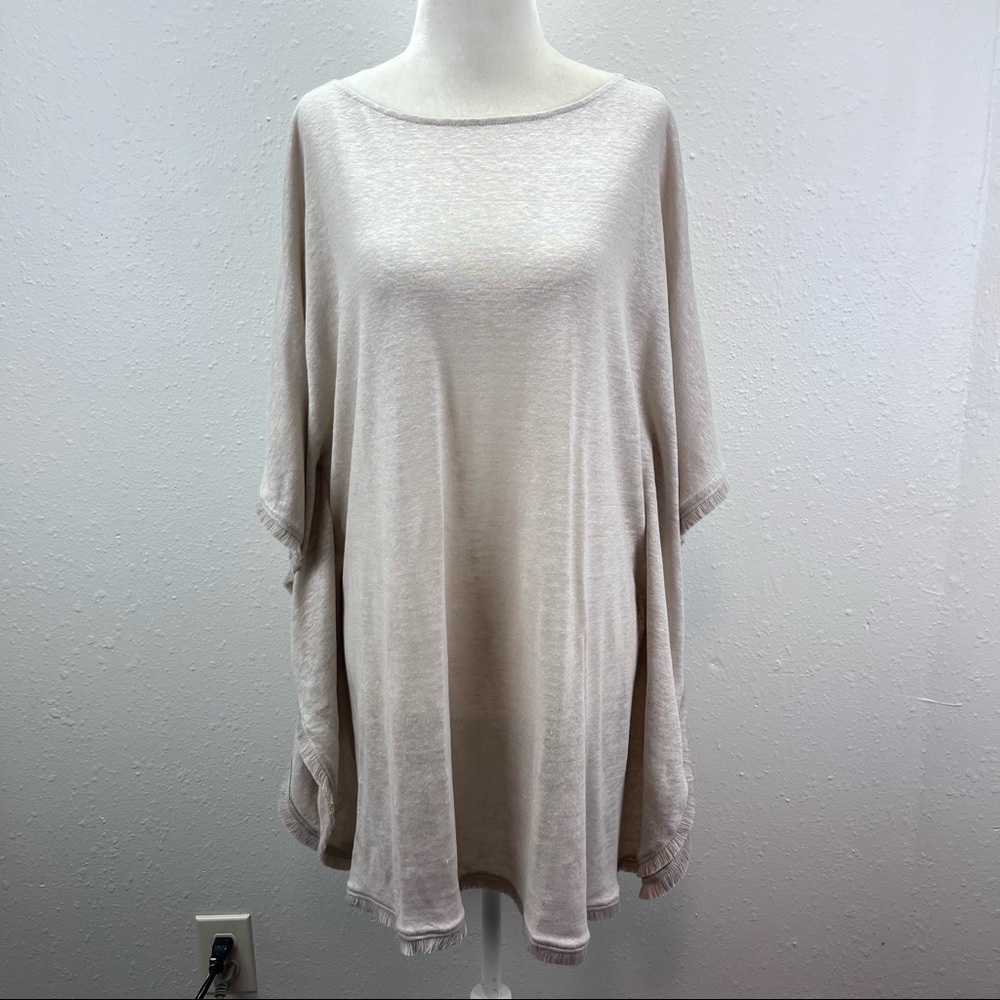 J Jill tan linen fringe poncho sweater lightweight